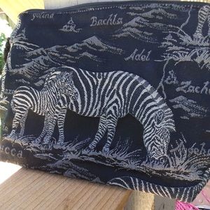 Zebra tapestry shoulder bag. Black soft strap